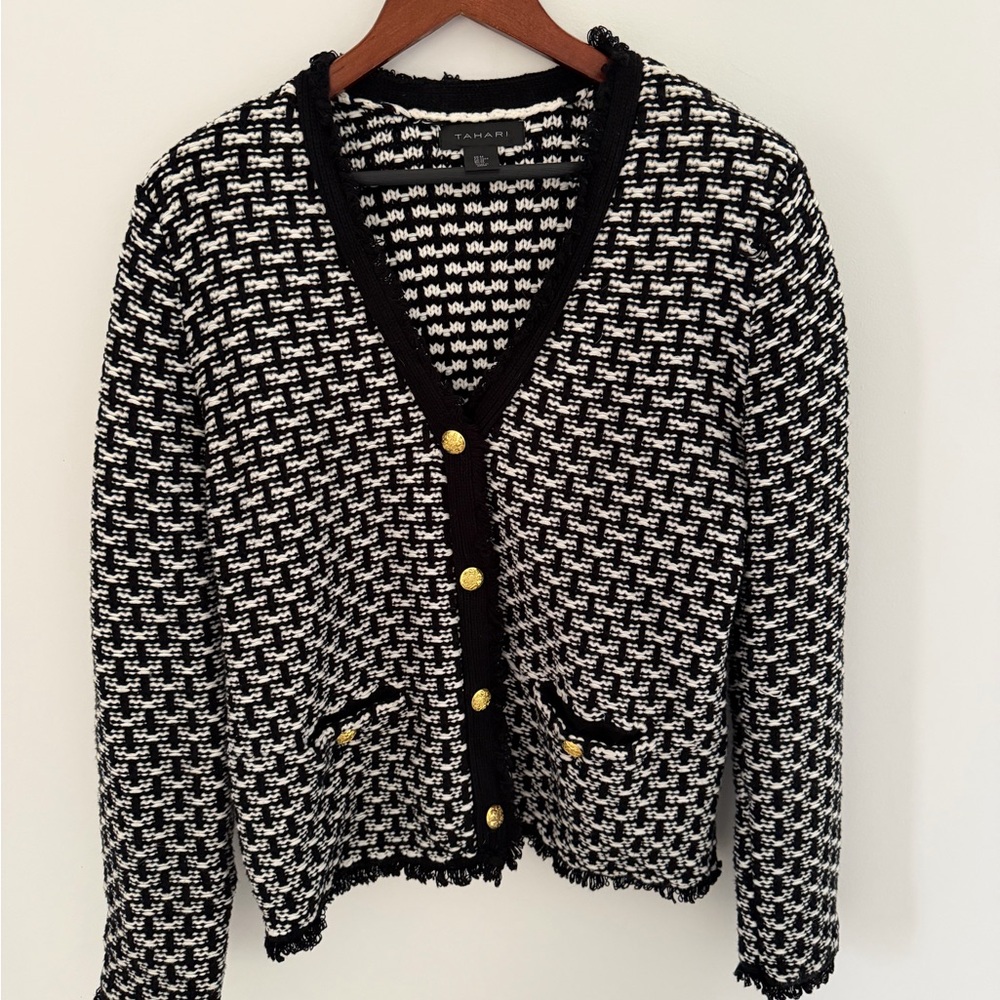 Tahari Black and White Cardigan with Gold Buttons